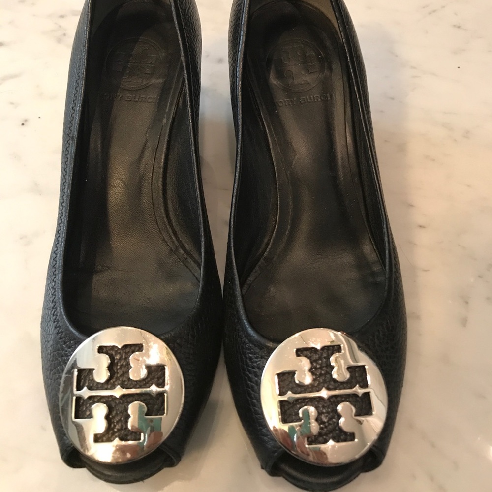 AUTHENTIC Black Tory Burch Open Toe Wedge Heels!